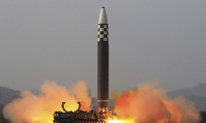A test-fire of a Hwasong-17 intercontinental ballistic missile (ICBM), at an undisclosed location in North Korea, on March 24, 2022. (Korean Central News Agency/Korea News Service via AP)