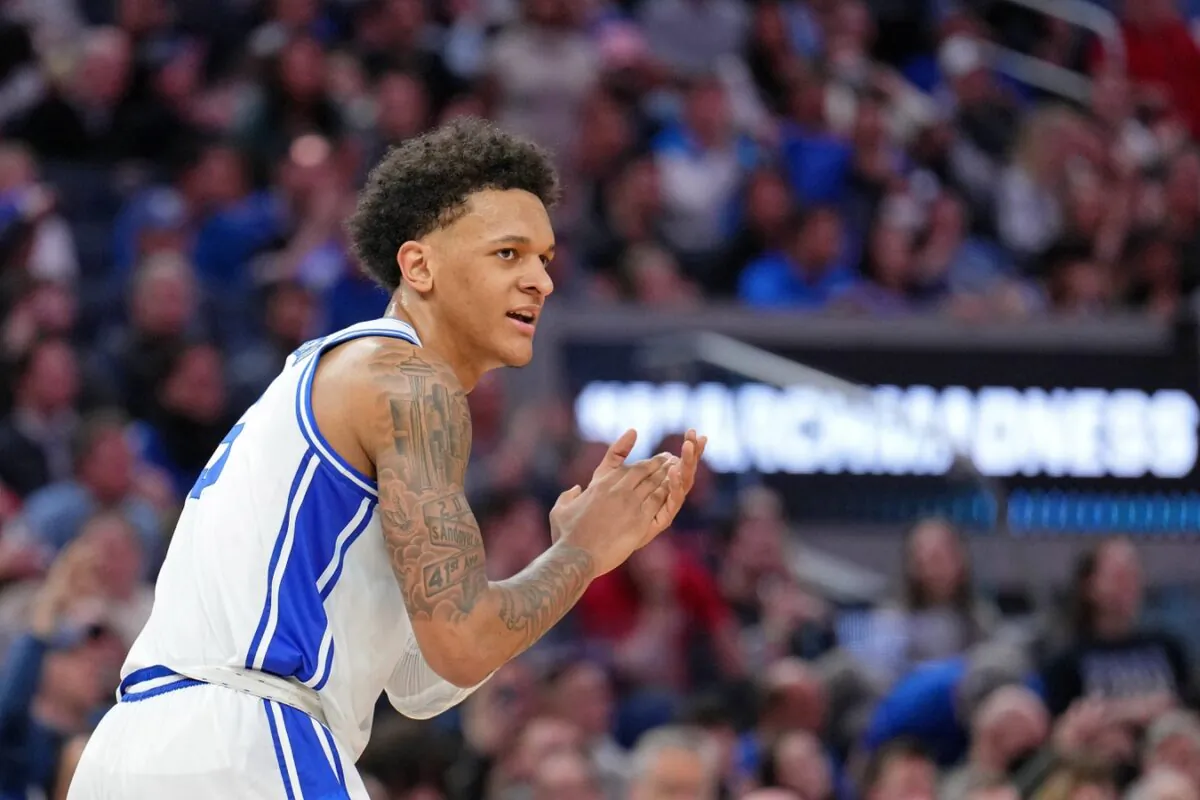 Duke Blue Devils forward Paolo Banchero (5) reacts after a play against the Arkansas Razorbacks at Chase Center in San Francisco, on March 26, 2022. (Kelley L Cox/USA TODAY Sports via Field Level Media)