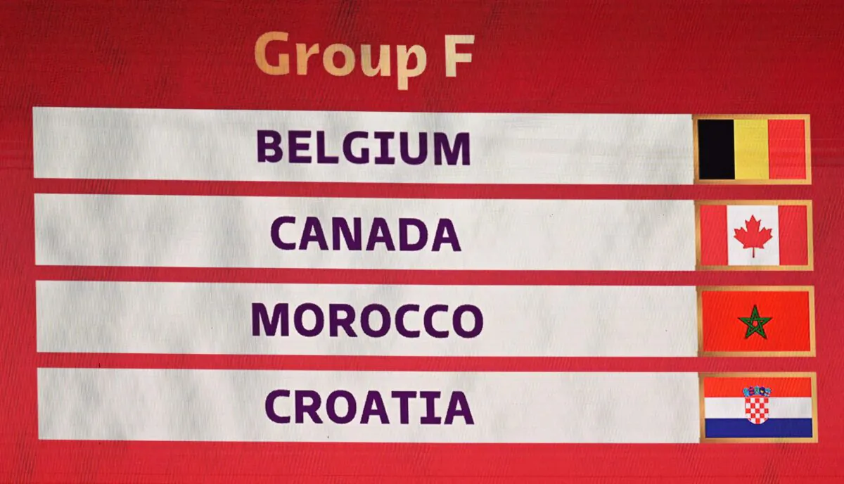 Group F nations are displayed during the draw for the 2022 World Cup in Qatar, at the Doha Exhibition and Convention Center on April 1, 2022. (Francois-Xavier Marit/AFP via Getty Images)