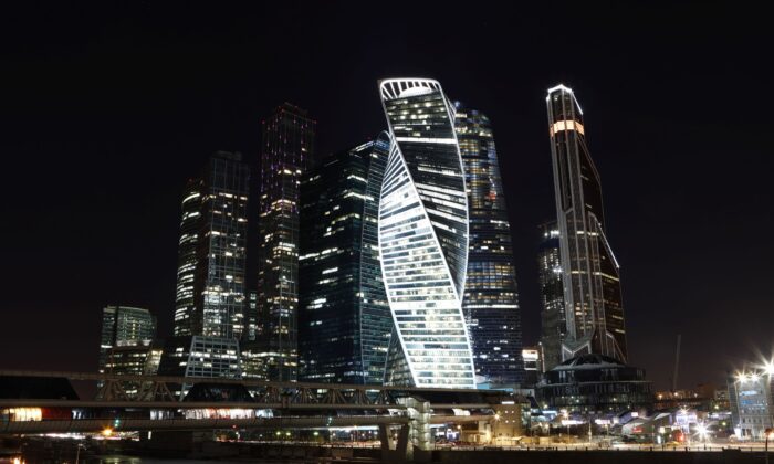 A general view shows the buildings of the Moscow International Business Centre, also known as "Moskva-City", before the lights were switched off for Earth Hour, in Moscow, Russia, on March 24, 2018. (Sergei Karpukhin/Reuters)
