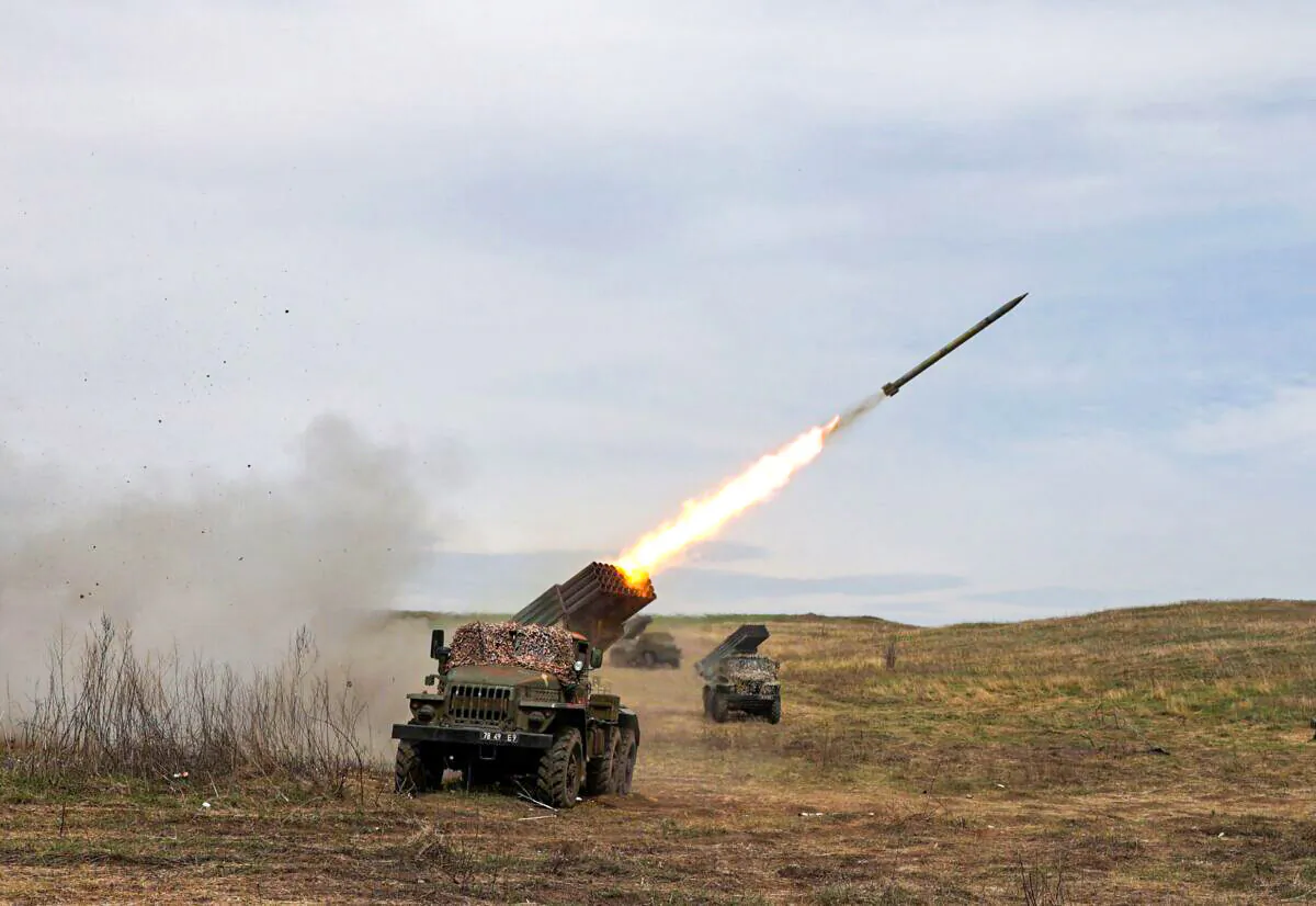 A Ukrainian multiple rocket launcher BM-21 "Grad" shells Russian troops' position, near Lugansk, in the Donbass region, on April 10, 2022. (Anatolii Stepanov/AFP via Getty Images)