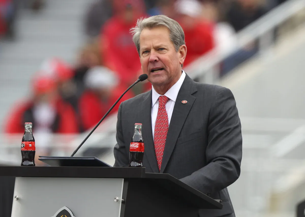 Georgia Gov. Brian Kemp speaks during the celebration honoring the Georgia Bulldogs national championship victory in Athens, Ga., on Jan. 15, 2022. (Todd Kirkland/Getty Images)