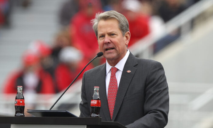 Georgia Gov. Brian Kemp speaks during the celebration honoring the Georgia Bulldogs national championship victory in Athens, Ga., on Jan. 15, 2022. (Todd Kirkland/Getty Images)