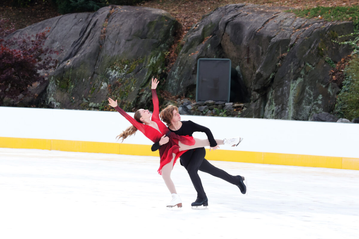 Oona (L) and Gage Brown perform an ice dancing routine at the reopening of Wollman Rink in Central Park, New York City, in November 2021. (Cindy Ord/Getty Images)