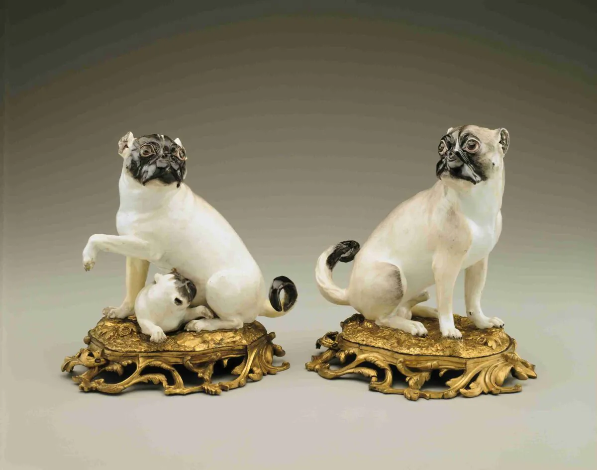 Pair of pug dog figurines, circa 1750, by Meissen Manufactory, Saxony, Germany; and Paris, France. Hard-paste porcelain and gilt bronze; 11 5/8 inches tall. Hillwood Estate, Museum & Gardens. (Courtesy of Hillwood Estate, Museum & Gardens)