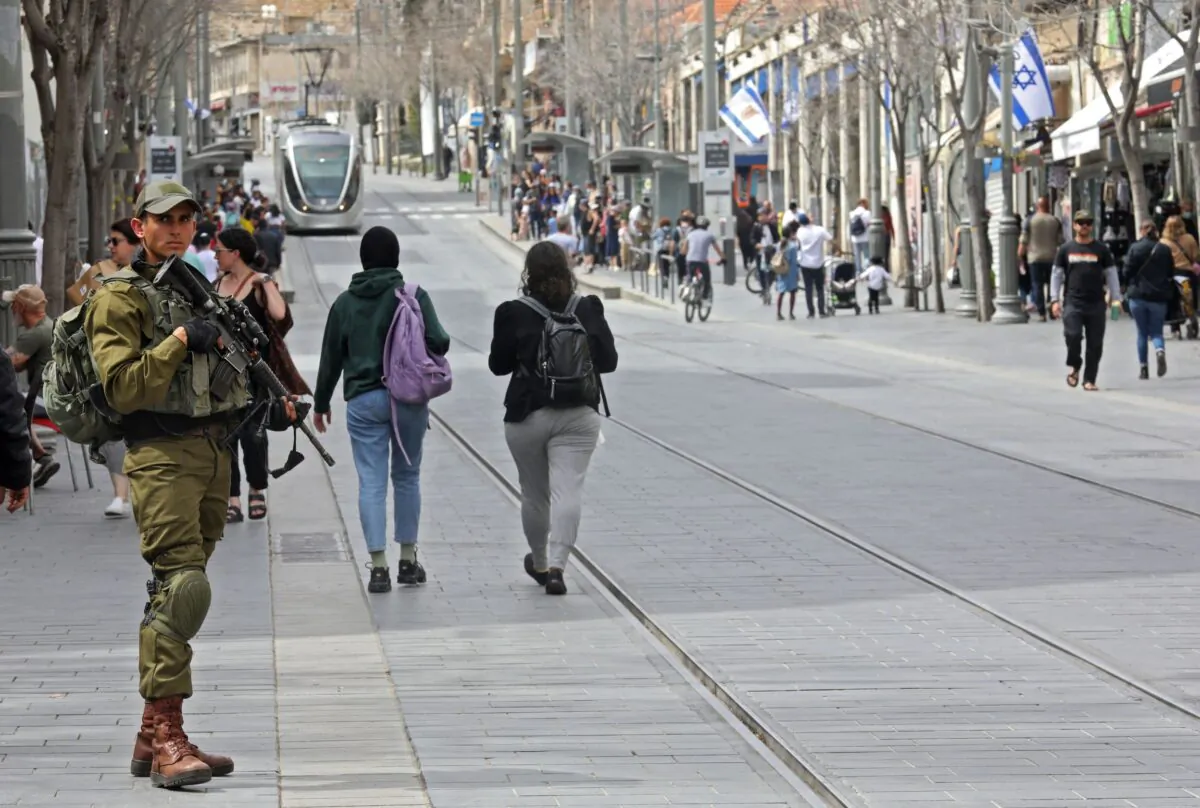 Israeli security forces patrol Jerusalem's central Jaffa road on April 1, 2022. (Gil Cohen-Magen/AFP via Getty Images)