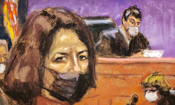 Jeffrey Epstein associate Ghislaine Maxwell as the guilty verdict in her sex abuse trial is read in a courtroom sketch in New York City on Dec. 29, 2021. (Jane Rosenberg/Reuters)