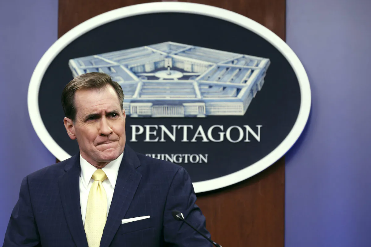 Department of Defense Press Secretary John Kirby talks to reporters during a news briefing at the Pentagon in Arlington, Va., on March 31, 2022. (Chip Somodevilla/Getty Images)