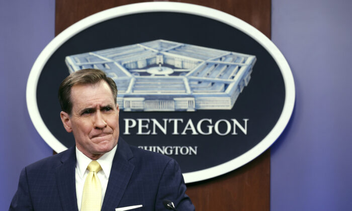 Department of Defense Press Secretary John Kirby talks to reporters during a news briefing at the Pentagon in Arlington, Va., on March 31, 2022. (Chip Somodevilla/Getty Images)