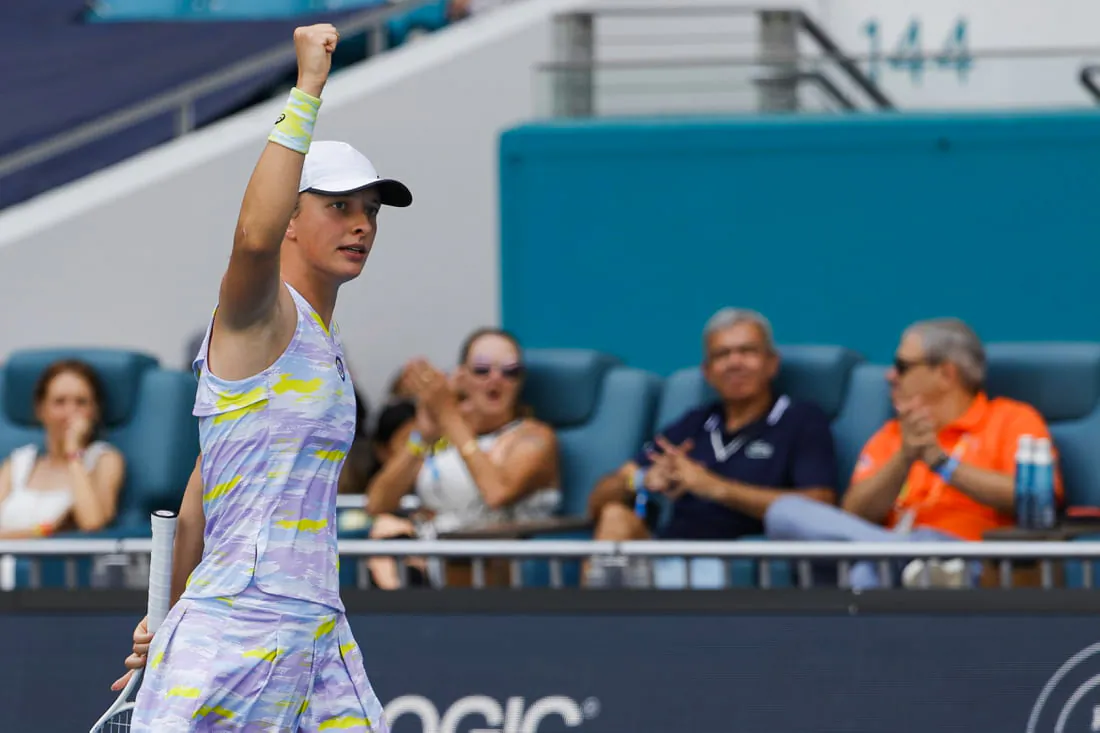 Iga Swiatek of Poland reacts after a breaking serve against Naomi Osaka of Japan (not pictured) in the women's singles final in the Miami Open at Hard Rock Stadium in Miami Gardens, Fla., on April 2, 2022. (Geoff Burke/USA TODAY Sports via Field Level Media)