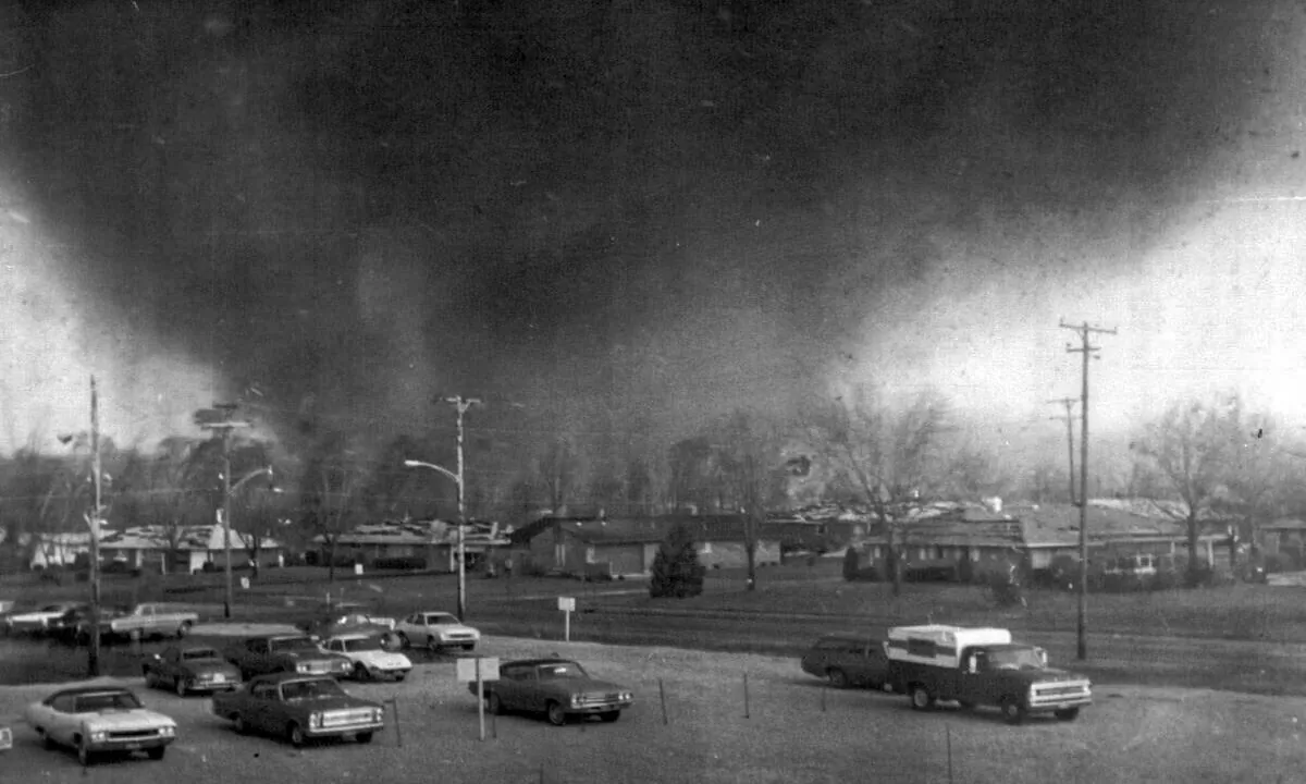 Greene Memorial Hospital's PR director Fred Stewart took this iconic photograph of the April 3, 1974 tornado that destroyed Xenia, Ohio. (Courtesy of the Greene County Historical Society)