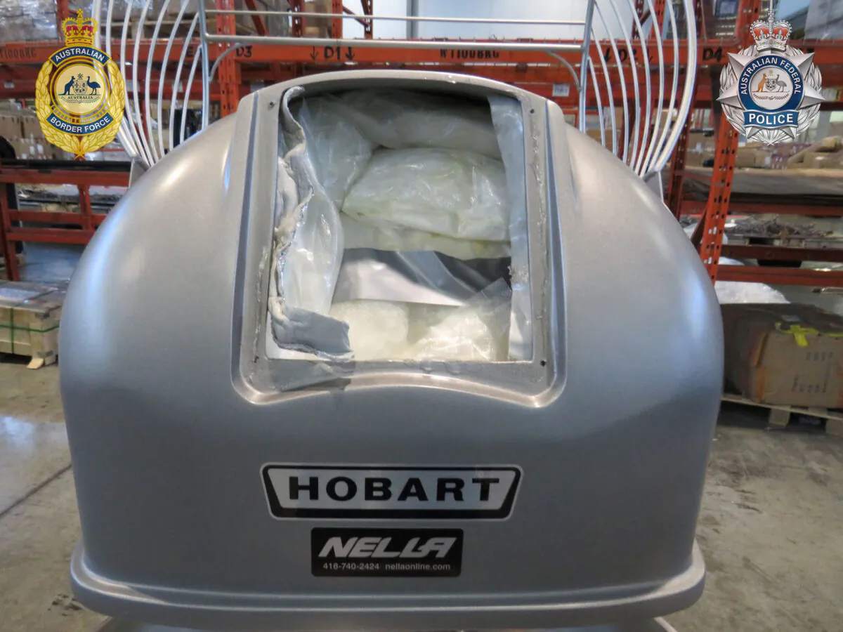 Three men have now been charged after 100kg of meth was found inside a commercial dough mixer in Sydney, Australia on April 3, 2022. (Australian Defence Force)  