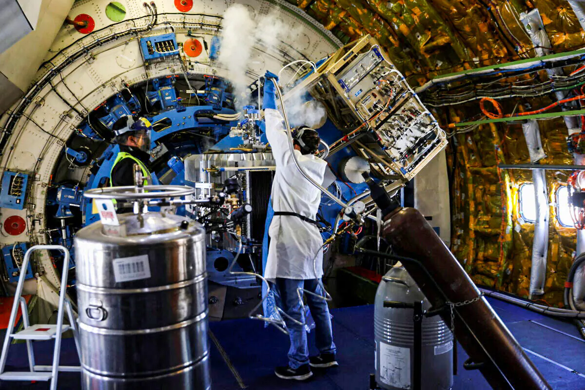 NASA's flying observatory, Boeing 747SP modified aircraft, SOFIA, Stratospheric Observatory for Infrared Astronomy, is shown to the media at the international airport, in Santiago, Chile, on March 31, 2022. (Ivan Alvarado/Reuters)