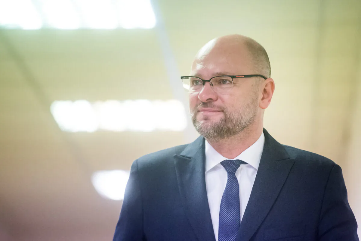 Richard Sulik, leader of Freedom and Solidarity (SAS), arrives for a televised debate following the results of the country's parliamentary election in Bratislava, on March 1, 2020. (Vladimir Simicek/AFP via Getty Images)