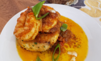 New Orleans Barbecue Shrimp With Sage Sausage and Smoked Gouda Grit Cake