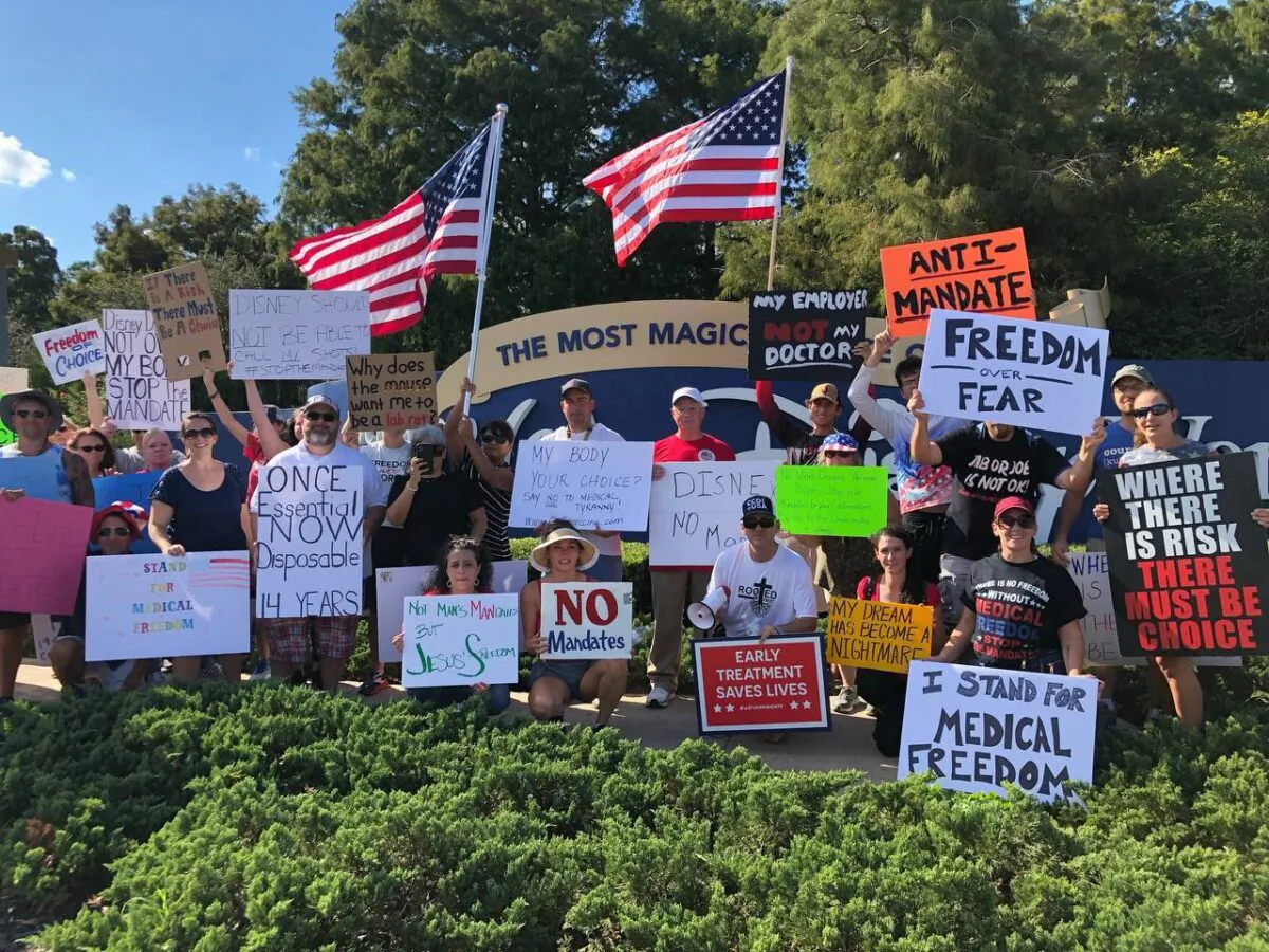 Disney workers in Florida gather in front of Walt Disney World on Sept. 26, 2021 to oppose vaccine mandates. (Courtesy of Nick Caturano)