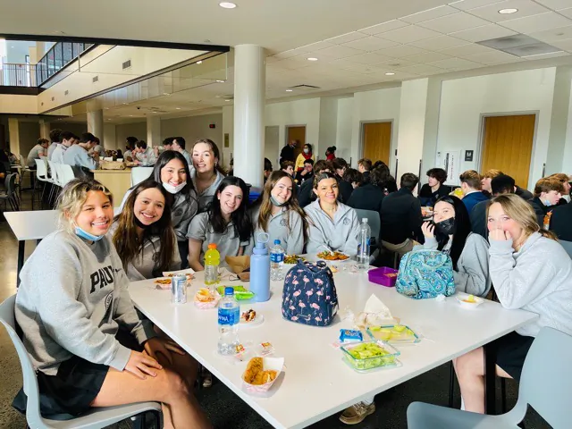 Students at St. Paul VI Catholic High School pose for a quick photo before lunch in Chantilly, Va., Feb. 2022. (Courtesy of St. Paul VI Catholic High School Communications)