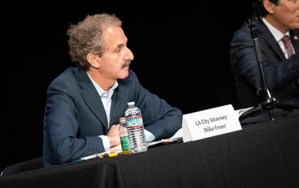 LA City Attorney Mike Feuer speaks in San Pedro, Calif., on Feb. 27, 2022. (John Fredricks/The Epoch Times)