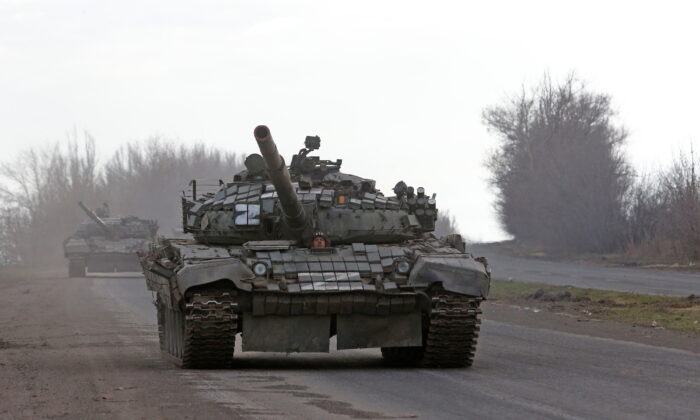 A view shows an armoured convoy of pro-Russian troops during the Ukraine-Russia conflict on a road near Mariupol, Ukraine, on April 3, 2022. (Alexander Ermochenko/Reuters)