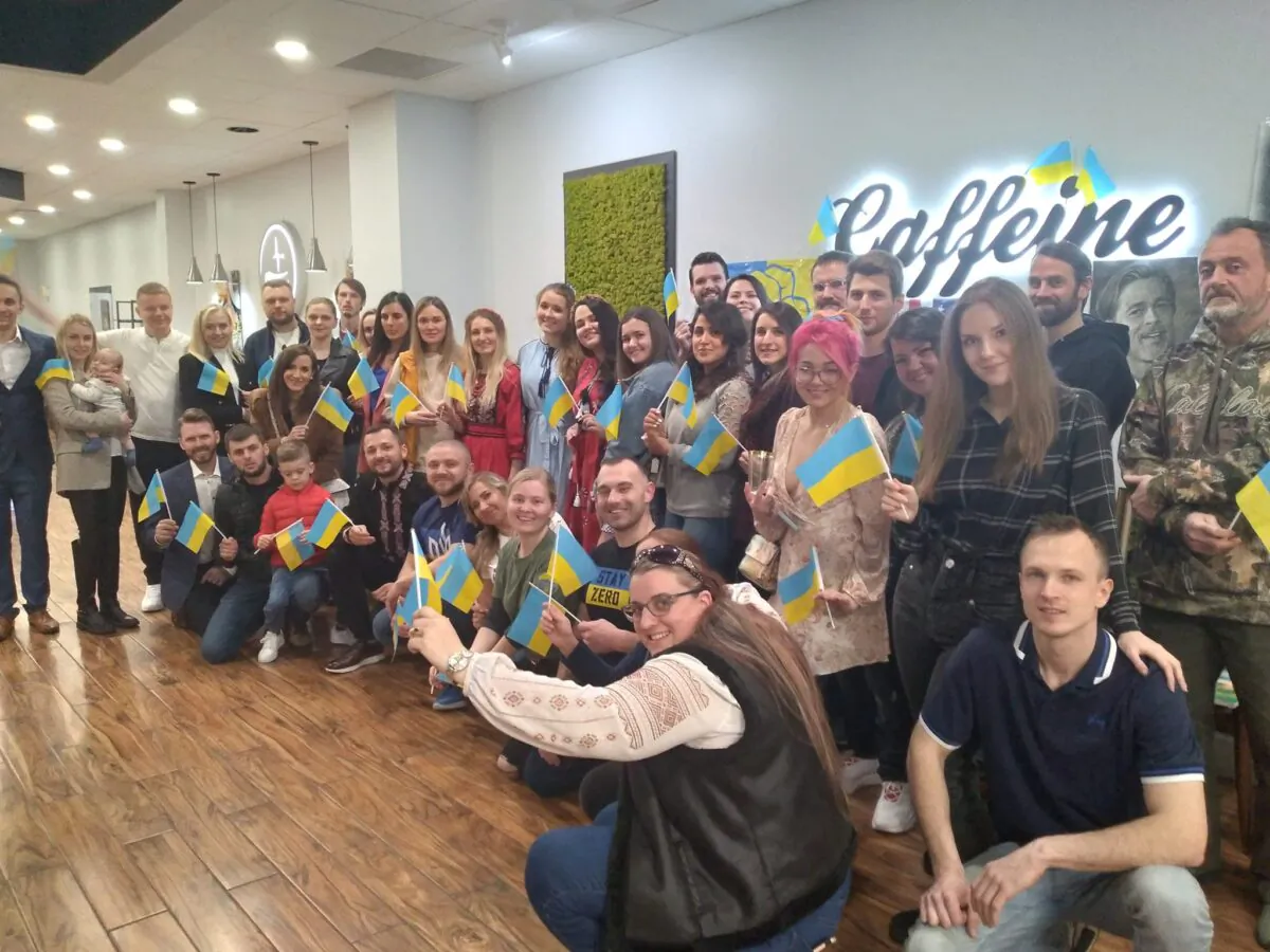 About 100 people attended a Ukraine Charity event at Caffeine Lakewood, a coffee shop in the west Cleveland suburb of Lakewood on April 2. The event, which benefits the emergency first responders in Ukraine, was done in partnership with the Cleveland Maidan Association that has supported Ukraine since 2014. (Michael Sakal/The Epoch Times)