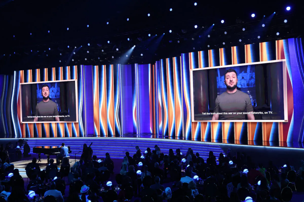 Ukraine's President Volodymyr Zelenskiy addresses the audience of the 64th Annual Grammy Awards show about the invasion of Ukraine by Russia through a video feed as the Grammy show takes place in Las Vegas, Nevada, on April 3, 2022. (Mario Anzuoni/Reuters)