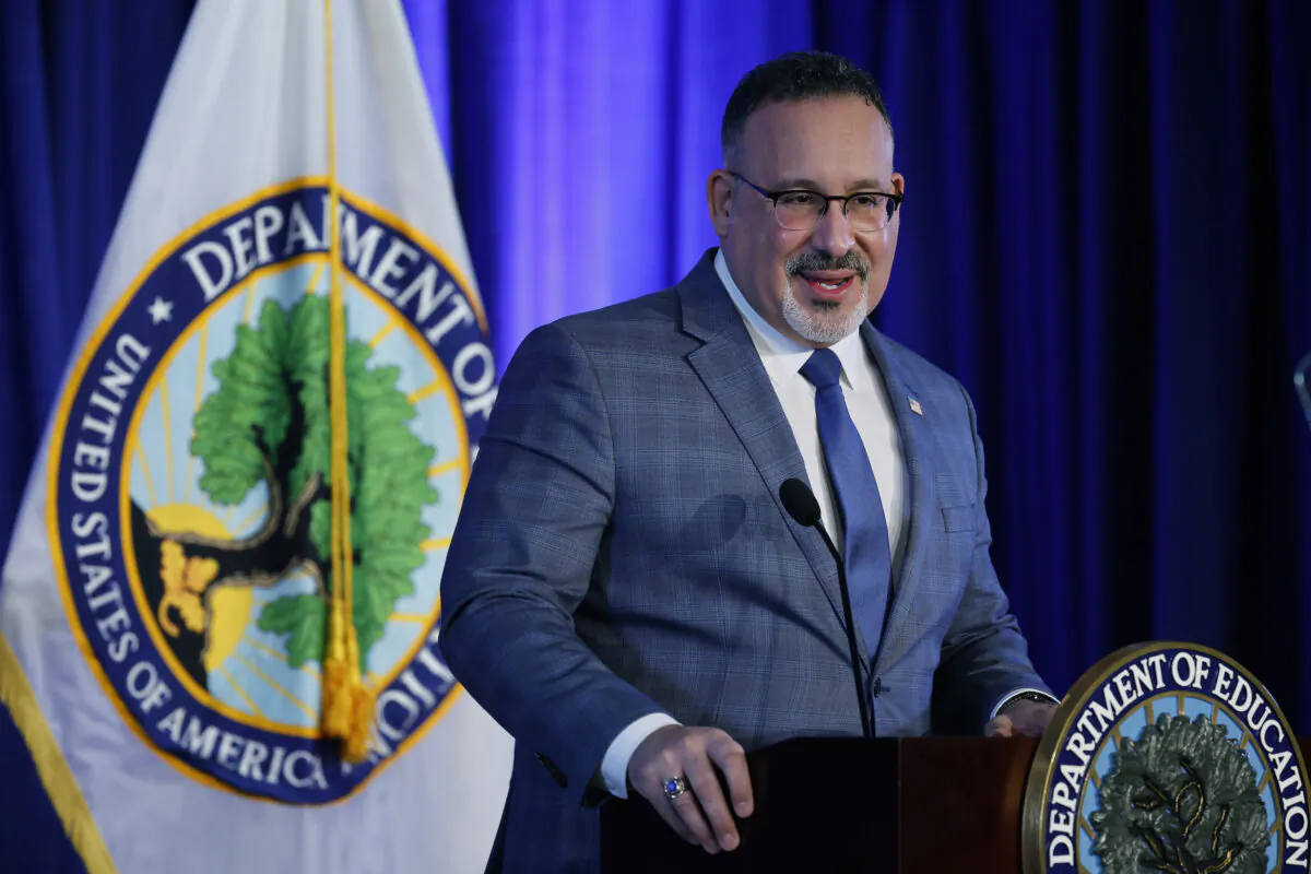 U.S. Education Secretary Miguel Cardona delivers remarks in Washington, on Jan. 27, 2022. (Chip Somodevilla/Getty Images)