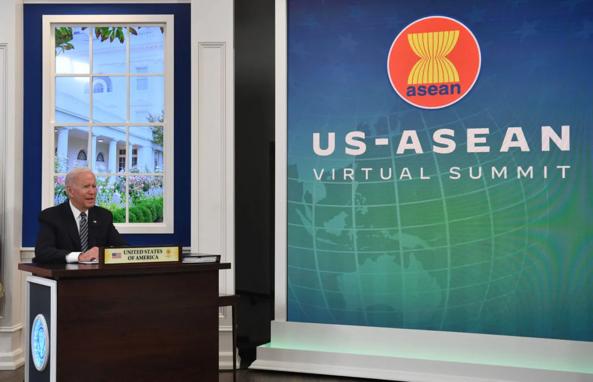 US President Joe Biden participates virtually in the annual ASEAN Summit from the South Court Auditorium of the White House in Washington on Oct. 26, 2021. (Nicholas Kamm/AFP via Getty Images)