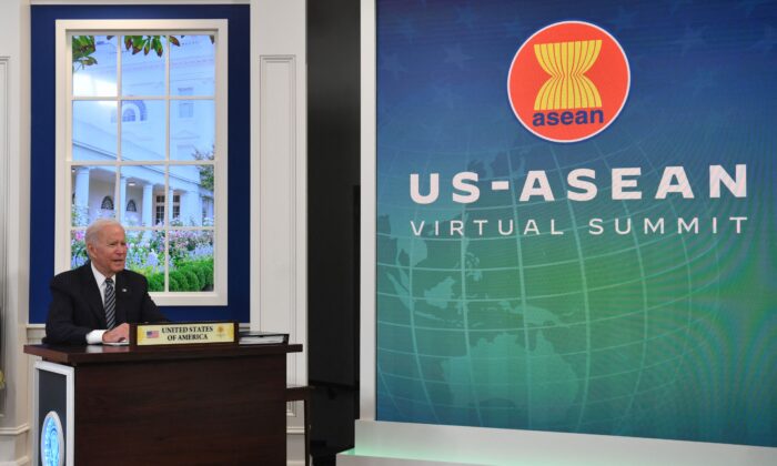 US President Joe Biden participates virtually in the annual ASEAN Summit from the South Court Auditorium of the White House in Washington on Oct. 26, 2021. (Nicholas Kamm/AFP via Getty Images)