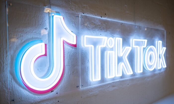 The logo of video-focused social networking service TikTok, at the UK office, in London on Feb. 9, 2022.(Tolga Akmen/AFP via Getty Images)