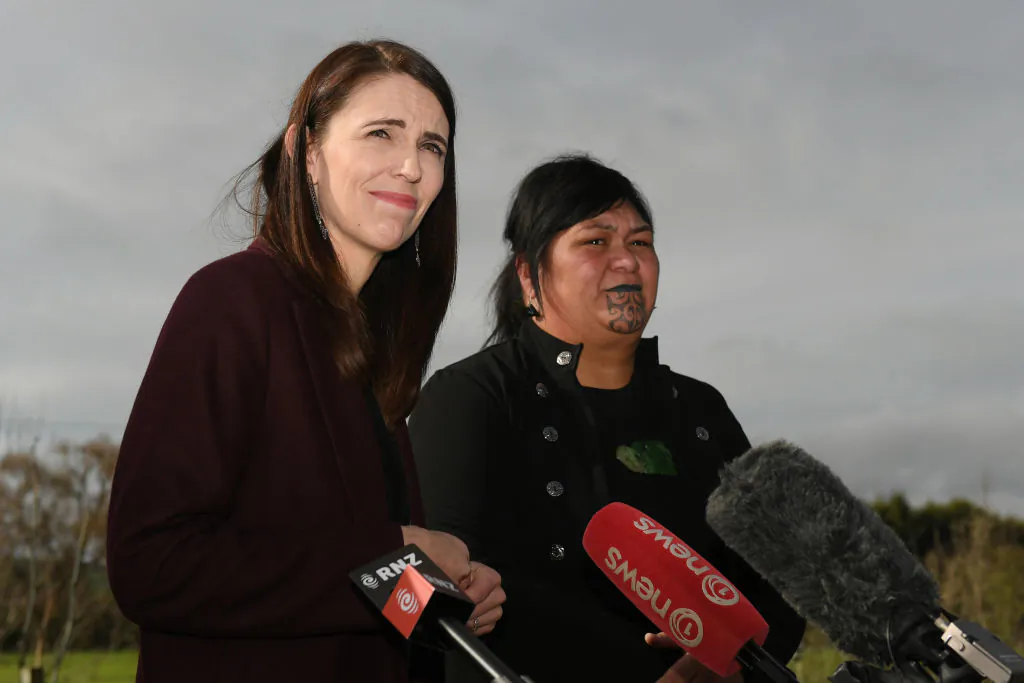 Prime Minister Jacinda Ardern speaks to media with Local Government Minister Nanaia Mahuta in Hastings, New Zealand, on July 8, 2020. (Kerry Marshall/Getty Images)