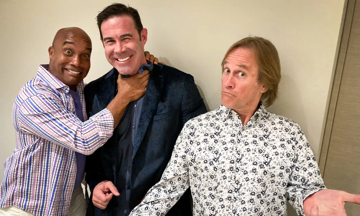 Conservative comedians Kevin Jackson (L), Tim Wilkins (C), and Brad Stine are Unapologetically American in their lampooning of leftists. Here, the trio pose backstage during a comedy tour stop in Scottsdale, Ariz., on March 31. (Allan Stein/The Epoch Times)