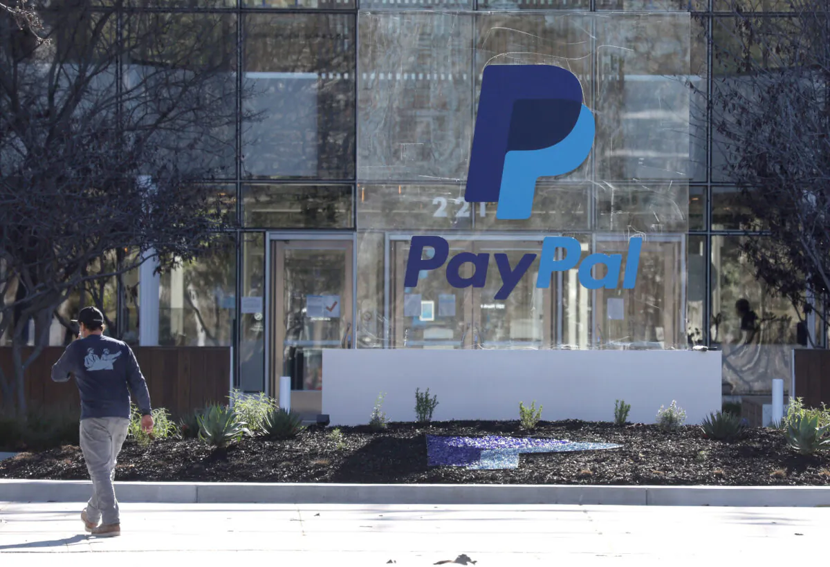 A sign is posted in front of PayPal headquarters in San Jose, Calif., on Feb. 2, 2022. (Justin Sullivan/Getty Images)