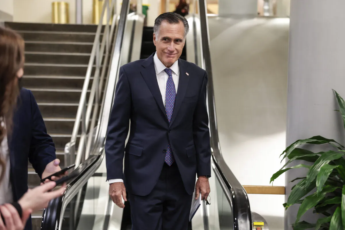 Sen. Mitt Romney (R-Utah) walks through the Senate subway during a vote on Capitol Hill in Washington, on Feb. 16, 2022. (Anna Moneymaker/Getty Images)