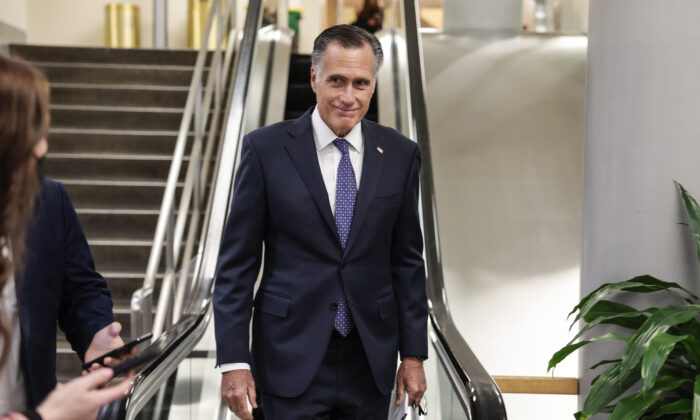 Sen. Mitt Romney (R-Utah) walks through the Senate subway during a vote on Capitol Hill in Washington, on Feb. 16, 2022. (Anna Moneymaker/Getty Images)