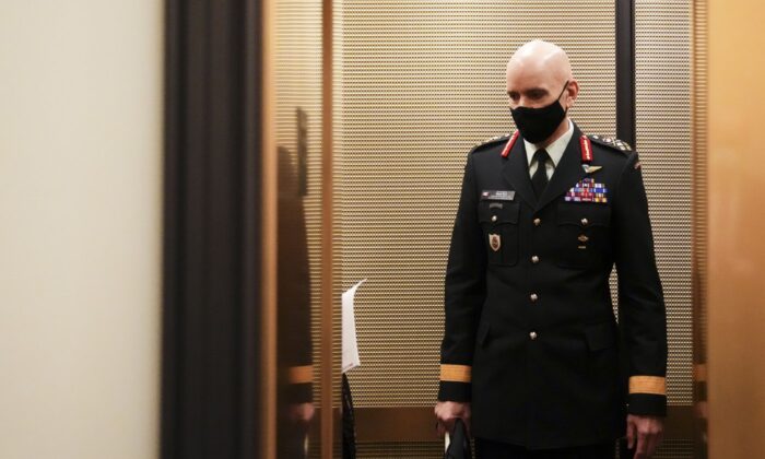 Acting Chief of the Defence Staff Gen. Wayne Eyre is seen leaving Prime Minister Justin Trudeau's office in the West Block on Parliament Hill in Ottawa on Nov. 22, 2021. (The Canadian Press/Sean Kilpatrick)