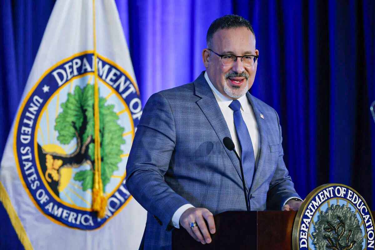 U.S. Education Secretary Miguel Cardona delivers remarks in Washington, D.C., on Jan. 27, 2022. (Chip Somodevilla/Getty Images)