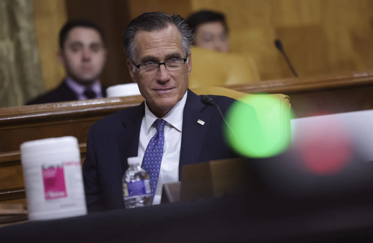 Sen. Mitt Romney (R-Utah) at the Dirksen Senate Office Building in Washington on March 30, 2022. (Kevin Dietsch/Getty Images)