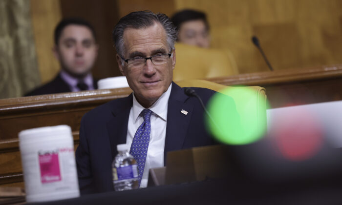 Sen. Mitt Romney (R-Utah) at the Dirksen Senate Office Building in Washington on March 30, 2022. (Kevin Dietsch/Getty Images)
