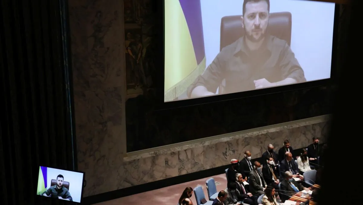 Ukrainian President Volodymyr Zelenskyy addresses the United Nations (U.N.) Security Council via video link in New York City, on April 5, 2022. (Spencer Platt/Getty Images)