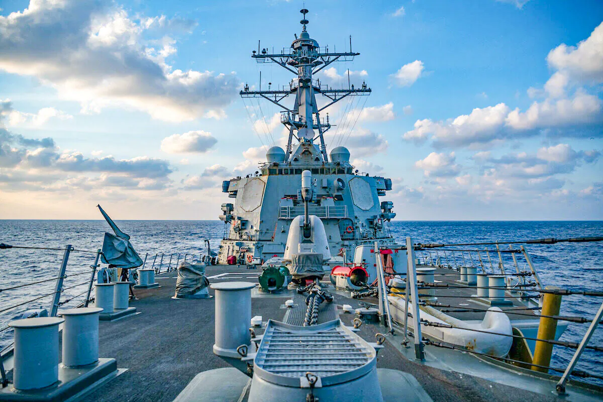 The Arleigh-Burke class guided-missile destroyer USS Barry (DDG 52) conducting underway operations in the South China Sea on April 28, 2020. (Samuel Hardgrove/U.S. Navy/AFP via Getty Images)