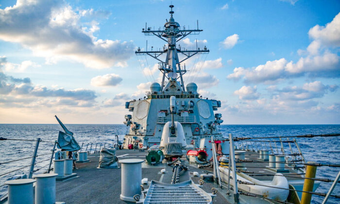 The Arleigh-Burke class guided-missile destroyer USS Barry (DDG 52) conducting underway operations in the South China Sea on April 28, 2020. (Samuel Hardgrove/U.S. Navy/AFP via Getty Images)