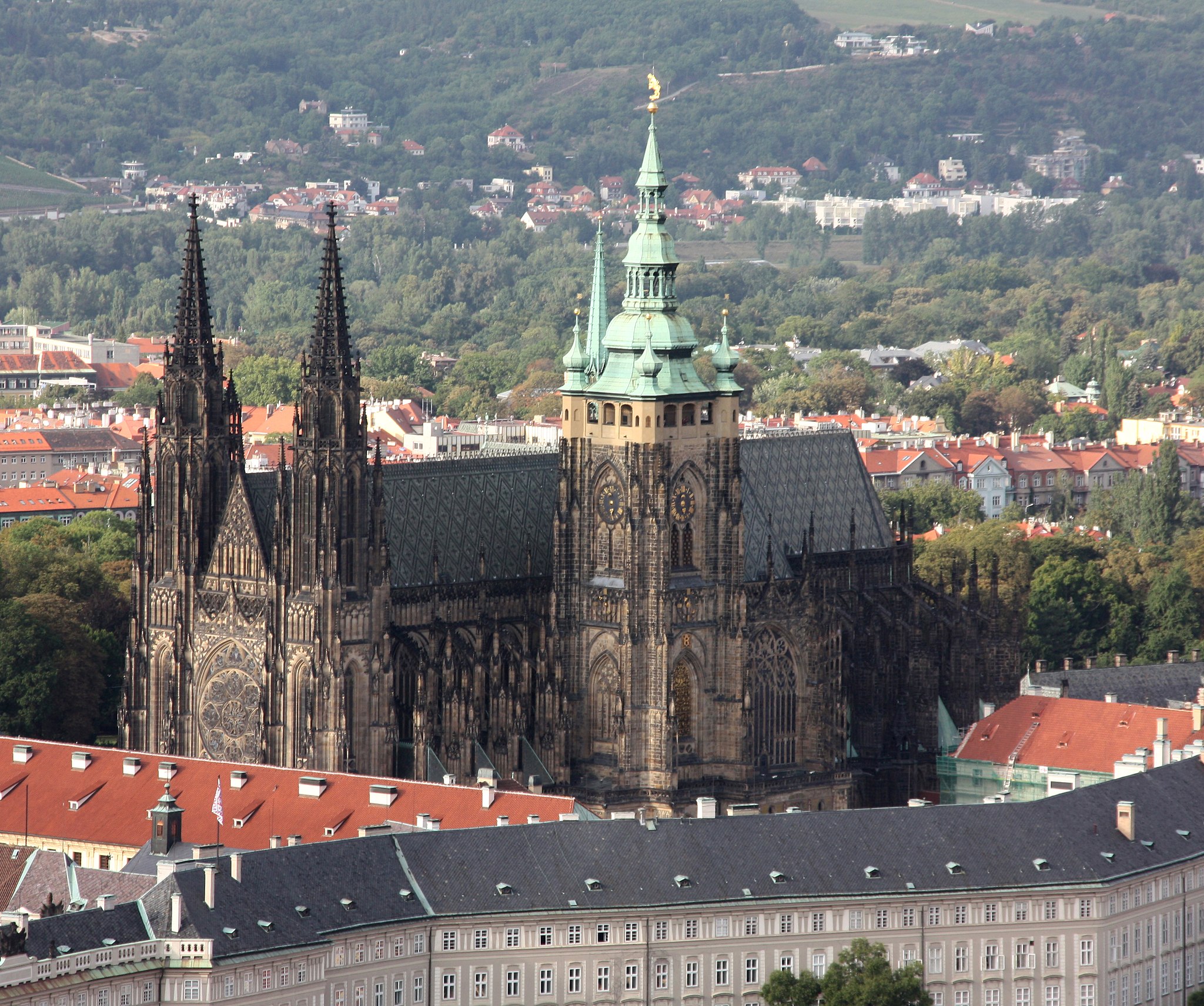 An aerial view of the St Vitus Cathedral in Prague