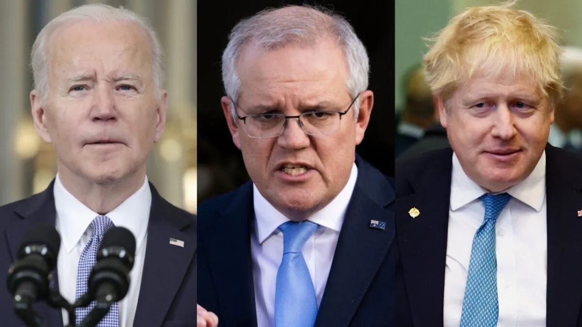 (L-R) President Joe Biden, Australian Prime Minister Scott Morrison, British Prime Minister Boris Johnson (Reuters/Gonzalo Fuentes, Jenny Evans/ Getty Images, Anna Moneymaker/Getty Images)