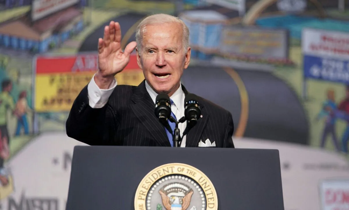 President Joe Biden addresses trades leaders at the North Americas Building Trades Unions (NABTU) Legislative Conference at the Washington Hilton Hotel in Washington on April 6, 2022. (Mandel Ngan/AFP via Getty Images)