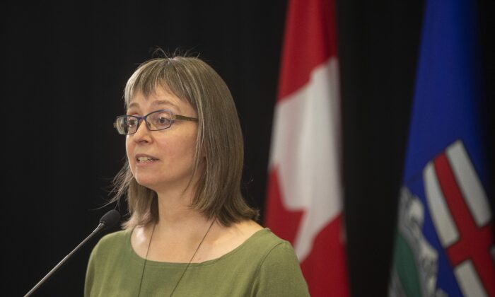 Chief medical officer of health Dr. Deena Hinshaw provides a COVID-19 update in Edmonton on Sept. 3, 2021. (Jason Franson/The Canadian Press)