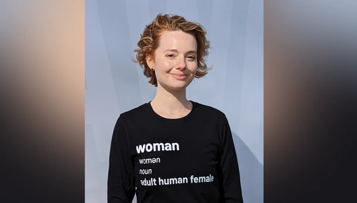 Cat Cattinson at a Detransition Awareness Day rally in San Francisco on March 12, 2022. (Courtesy of Cat Cattinson)