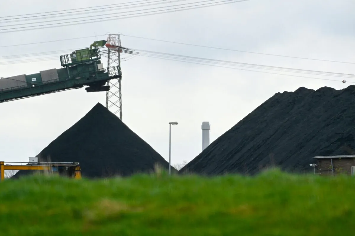 The storage site of hard coal for the coal-fired power plant of the German energy supplier Steag in Duisburg, western Germany, on April 5, 2022. (Ina Fassbender/AFP via Getty Images)