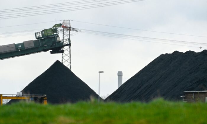 The storage site of hard coal for the coal-fired power plant of the German energy supplier Steag in Duisburg, western Germany, on April 5, 2022. (Ina Fassbender/AFP via Getty Images)
