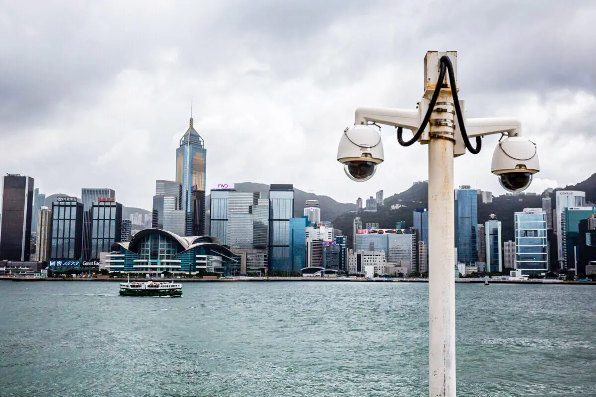 Security cameras (R) along the Tsim Sha Tsui promenade next to Victoria Harbor in Hong Kong on September 17, 2020. (Isaac Lawrence/AFP via Getty Images)
