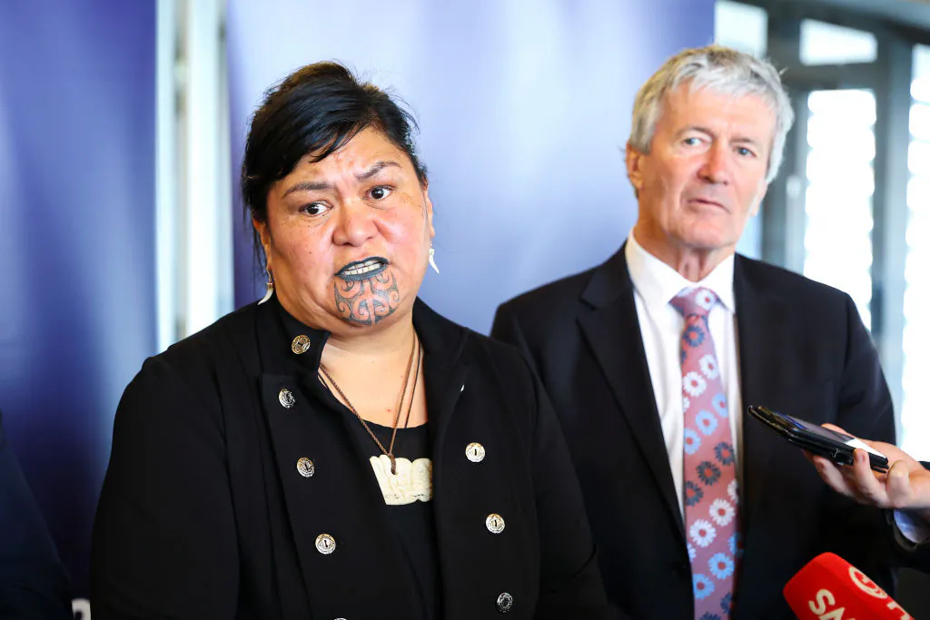 Minister of Foreign Affairs, Nanaia Mahuta, speaks to media while Minister for Trade, Damien O'Connor, looks on in Wellington, New Zealand, on Dec. 1, 2020. (Hagen Hopkins/Getty Images)